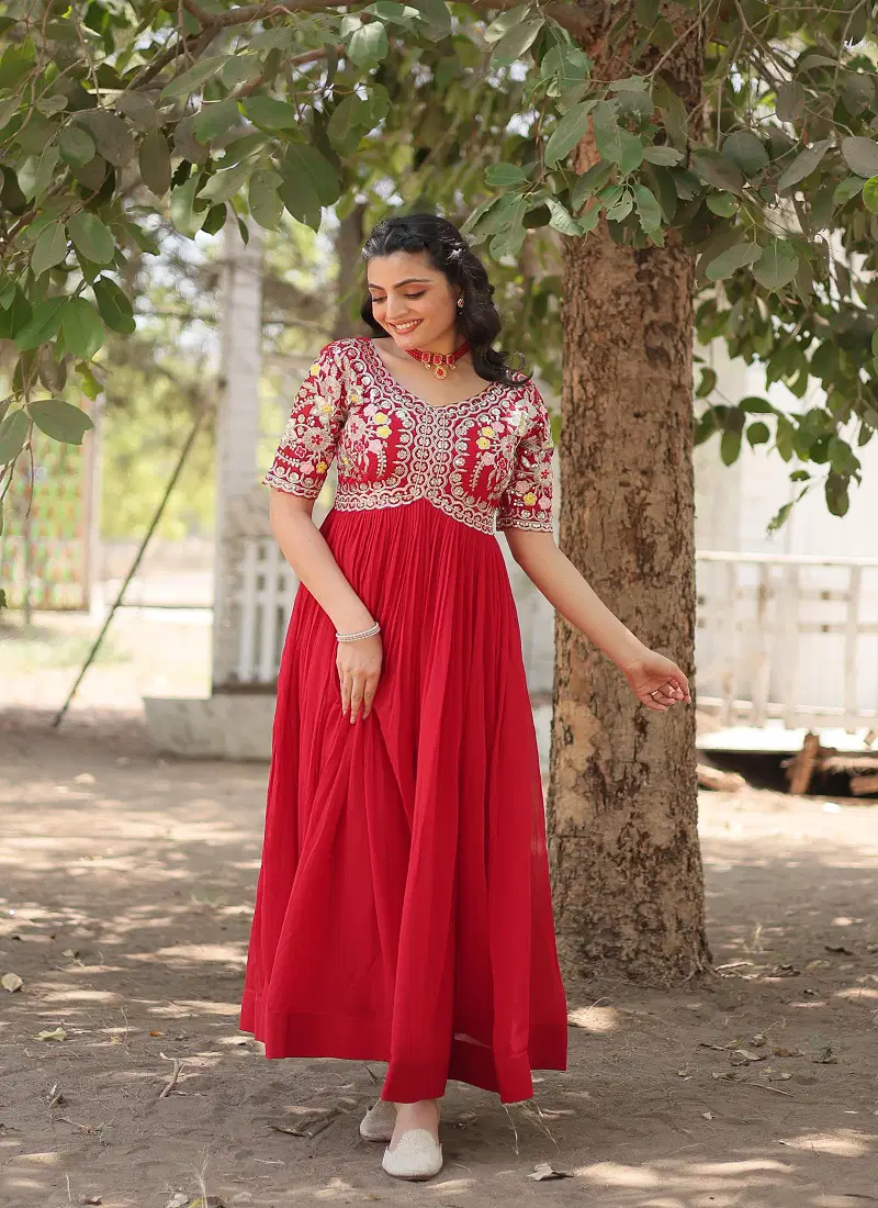 KA 1110 Red Faux Blooming Embroidery Designer Gown Wholesale Price